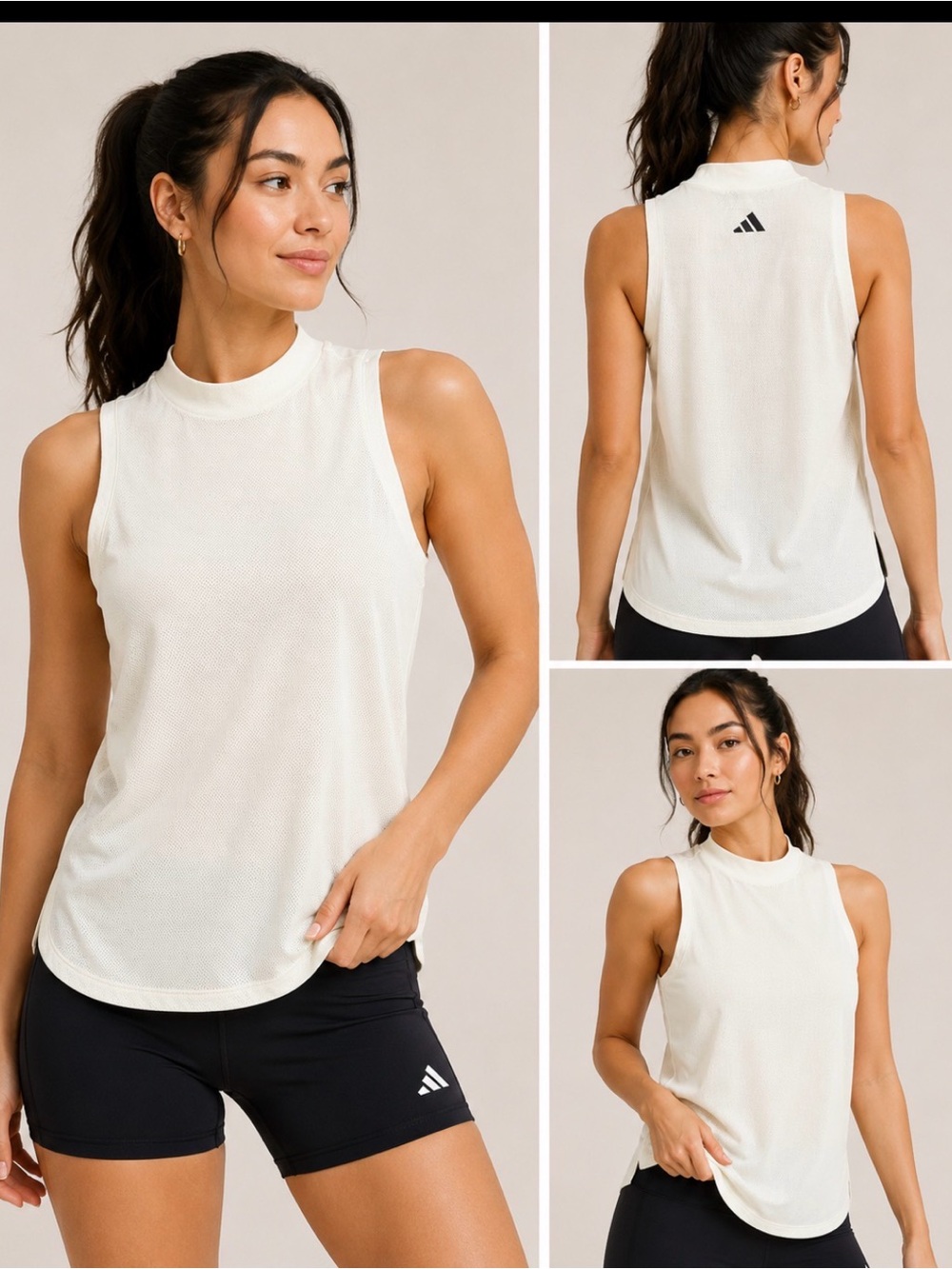Adidas Sleeveless Mock Neck Mesh Tank Top Cream XS